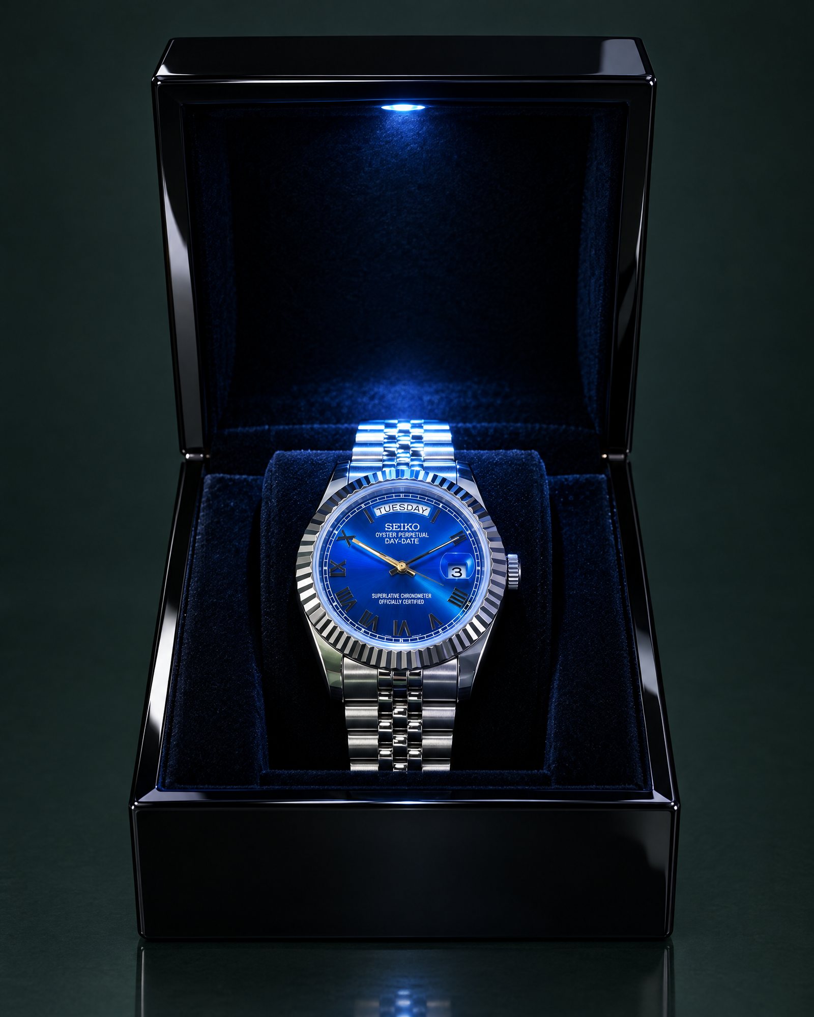 Illustrative image of an Eximius watch resting on the velvet cushion of an open black lacquer presentation box, lit by the LED in the lid