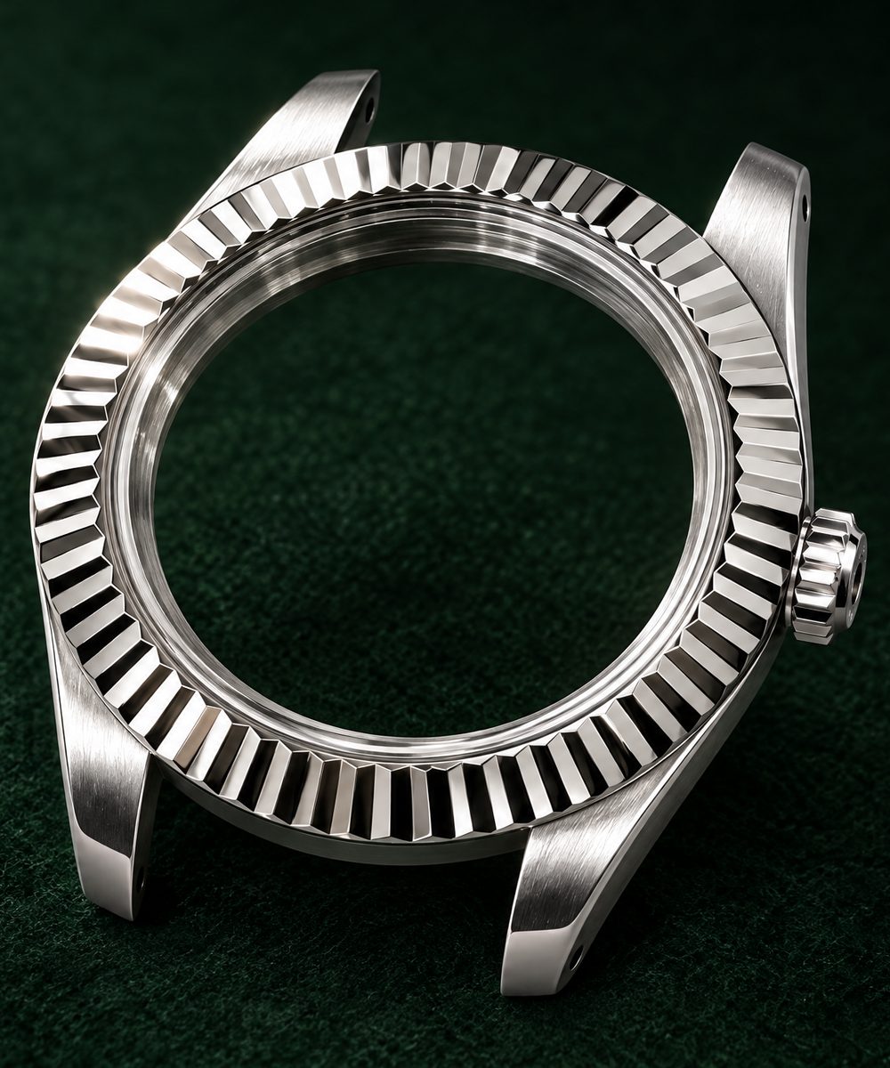 Illustrative close-up of a bare fluted steel case with brushed lugs and a fluted crown