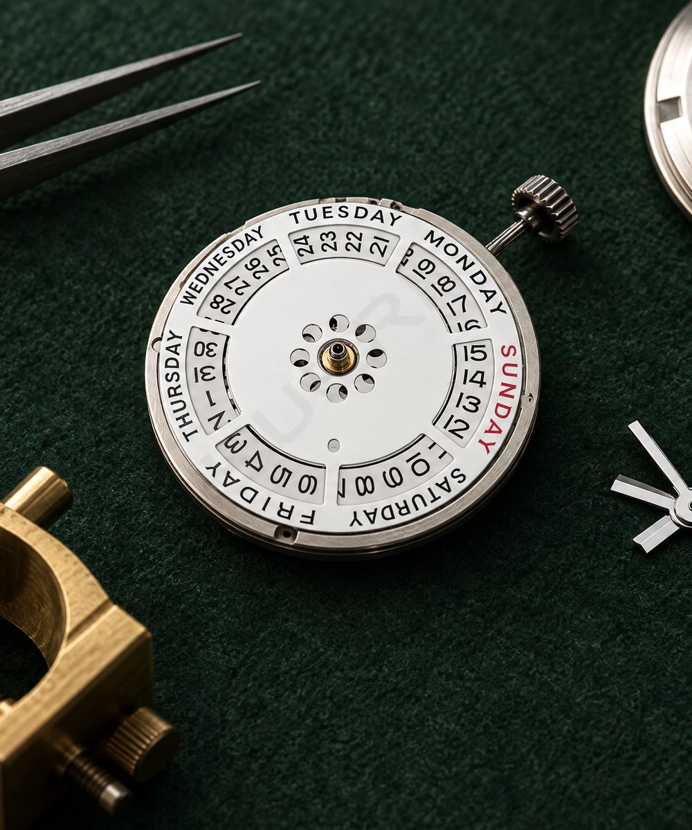 Illustrative image of the components of a build: an automatic movement, silver hands, case back and crown on a bench mat