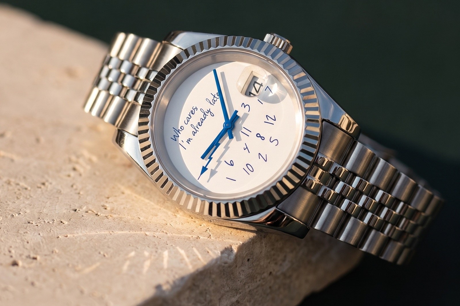 A finished Eximius watch with its handwriting-style dial and fluted bezel, resting on a stone ledge in warm light