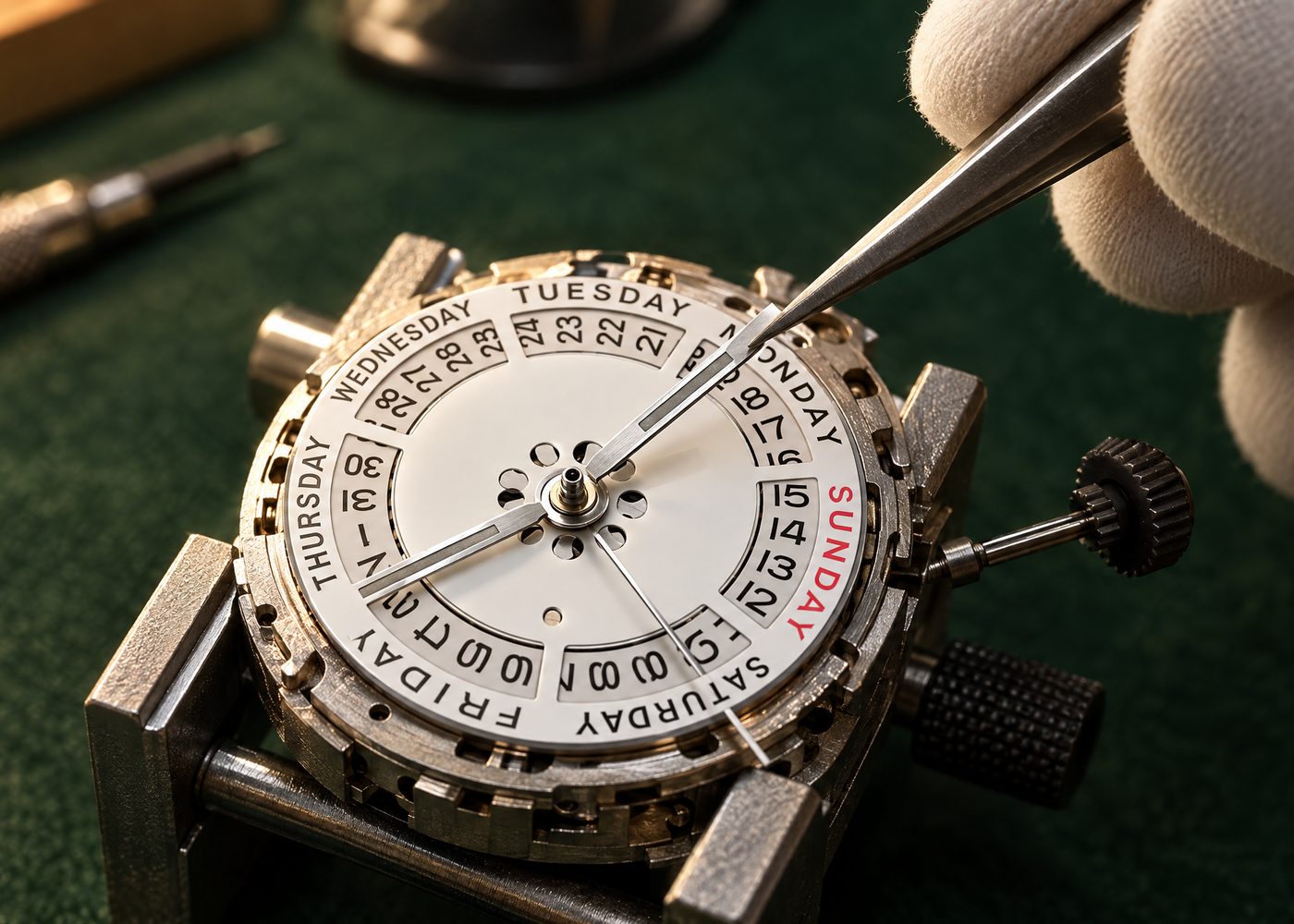 Illustrative image of a watchmaker setting the hands onto an automatic movement with tweezers