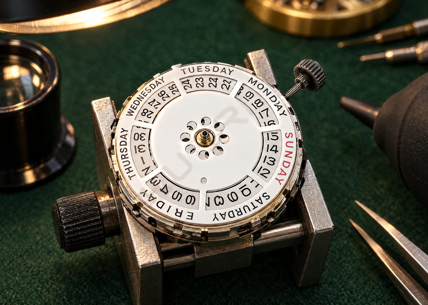 Illustrative image of an automatic movement in a holder on a watchmaker's bench, where it is checked and regulated