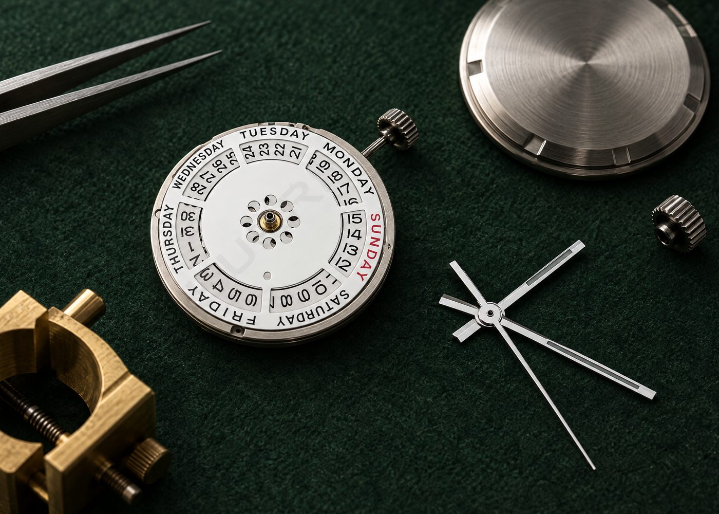 Illustrative image of the components selected for a build: an automatic movement, silver hands, a case back and crown on a green bench mat