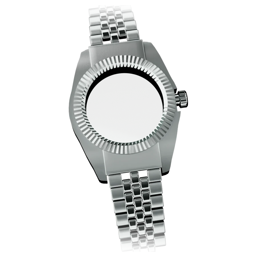 A steel watch case with a fluted bezel and bracelet, shown without a dial or hands