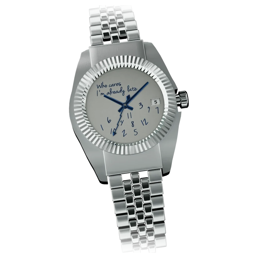 A finished Eximius I'm Already Late watch on a steel bracelet