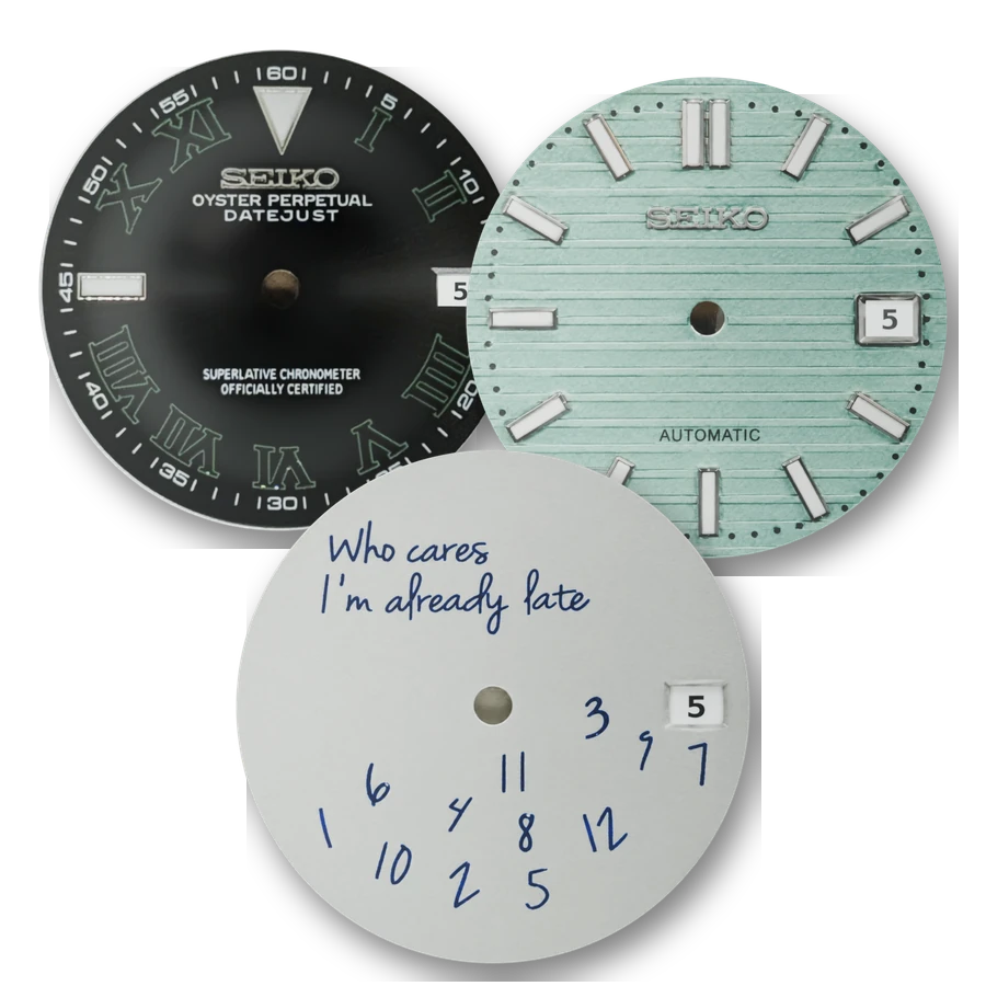 Three Eximius dials: the Midnight Roman dial, the handwriting-style I'm Already Late dial and the Mint dial
